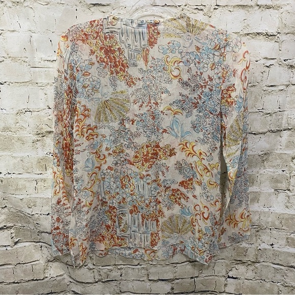 CAbi Ivory Floral Silk Tie Neck Sheer Beaded Top - Picture 4 of 5